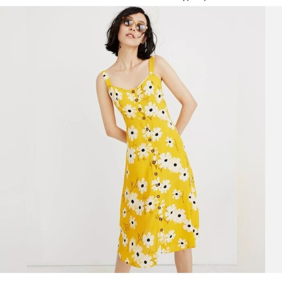 Madewell Button Front Midi Dress Ikat Floral Yellow Sundress Women’s Size 6 NWT - Picture 1 of 12